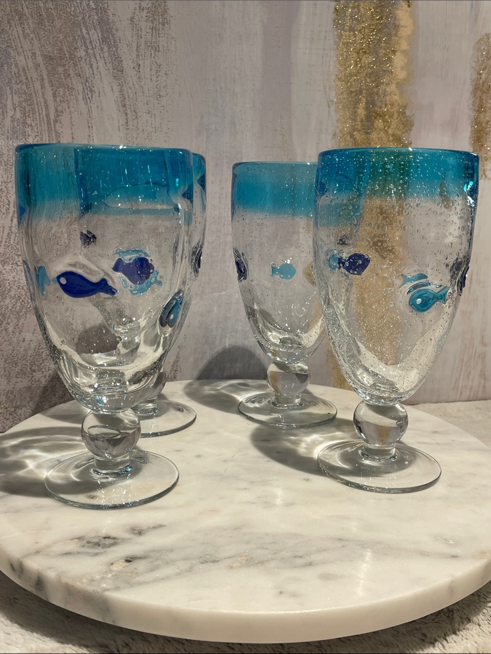 Murano Blue Rimmed Goblets with Decorative Fish Accents - Set of 4